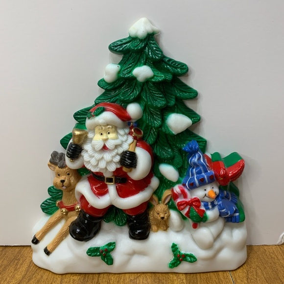 💕2/$20💕 Vintage Plastic J.S.N.Y Santa Scene Snowman Reindeer 6” Wall Hanging - Picture 1 of 14